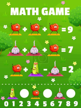 Illustration for Math game worksheet, cartoon funny vegetable characters on yoga, vector mathematics quiz. Tomato, garlic and zucchini in math game puzzle for addition and subtraction calculation skills training - Royalty Free Image