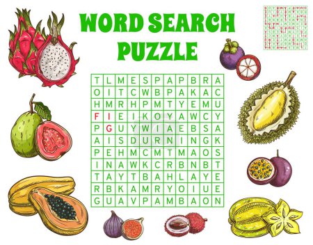 Illustration for Tropical raw fruits word search puzzle game worksheet, quiz grid. Vector crossword with papaya, maracuya, fig and durian, mangosteen and guava, pitaya or carambola exotic fruits word task riddle - Royalty Free Image