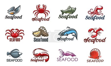 Illustration for Seafood icon with vector fish, shrimp, lobster and crab. Sea food oyster, octopus, squid and prawn, mussel, clam and ocean scallop, salmon, perch and flounder isolated symbols of seafood restaurant - Royalty Free Image