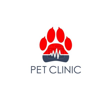 Illustration for Pet clinic icon of animal care with vector dog paw print, heartbeat and pulse symbol. Veterinary medicine hospital, veterinarian or vet doctor medical office isolated red and blue sign, vet clinic - Royalty Free Image
