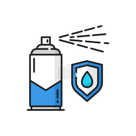 Illustration for Waterproof spray bottle and resistant shield isolated outline icon. Vector textile durable water repellent spray. Water repellent aerosol, fabric guard - Royalty Free Image