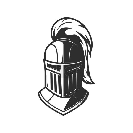 Illustration for Knight warrior helmet, heraldry armor of medieval soldier. Vector great helmet, pot or bucket helm with plume and gorget isolated symbol of knight, roman gladiator, spartan, greek, trojan warrior - Royalty Free Image