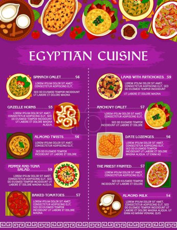 Téléchargez les illustrations : Menu de cuisine égyptienne, plats égyptiens et les repas du restaurant, vecteur. Cuisine égyptienne traditionnelle déjeuner et dîner nourriture, omelette d'anchois, viande d'agneau avec artichauts et poivre salade de thon - en licence libre de droit