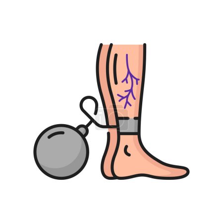 Illustration for Varicose veins disease, hardness and swelling in legs outline icon. Vector woman thrombosis in legs, chains with dumbbell. Chronic venous insufficiency - Royalty Free Image