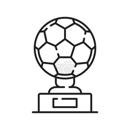 Illustration for Football soccer award, ball trophy or victory cup line icon, vector sport winner prize. Soccer team game or football league championship victory award, champion player trophy award with ball on stand - Royalty Free Image