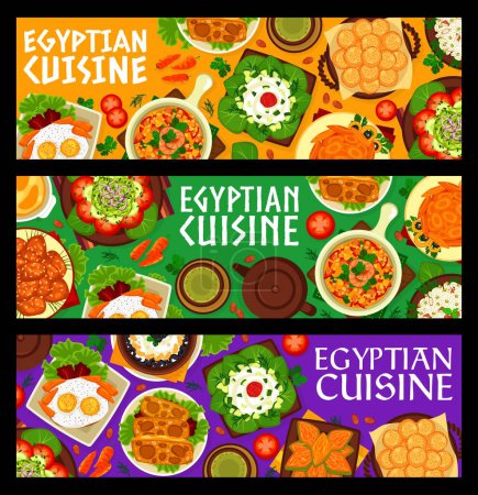 Illustration for Egyptian cuisine food banners. Eggs in garlic, semolina cake and honey fritters, pudding, salads with cheese, bean and carrot, scrambled eggs with shrimp, cake with pistachios, coconut and lamb omelet - Royalty Free Image