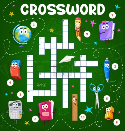 Illustration for Crossword grid cartoon school characters. Quiz game for children. Vector pencil, globe, pen, sharpener and book. Scissors, ruler, eraser, notebook and calculator funny personages on green blackboard - Royalty Free Image