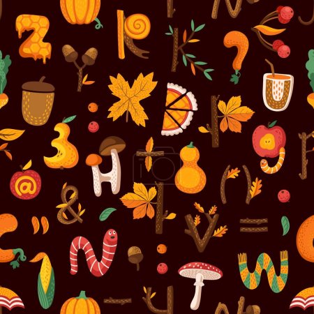 Illustration for Cartoon autumn and Thanksgiving letters or numbers seamless pattern. Fall alphabet font vector background of autumn season harvest festival with pumpkins, apple and corn, maple pie and acorn letters - Royalty Free Image