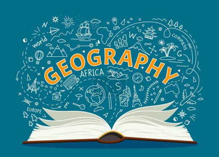Illustration for Geography textbook and symbols of education on school book, vector chalkboard background. Geography open textbook with chalk doodle of world landmarks and earth globe for student school study - Royalty Free Image