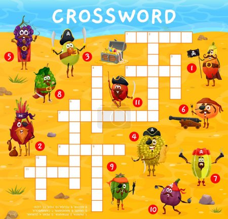Illustration for Crossword quiz game grid cartoon fruit pirate and corsair characters. Vector find a word riddle worksheet with papaya, pitahaya, pear, durian and grape. Mandarin, carambola and feijoa, figs or lichi - Royalty Free Image