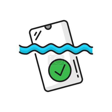 Illustration for Waterproof mobile phone, device protect of liquid isolated outline icon. Vector device protection, waterproof mobile sign. Smartphone and water blobs - Royalty Free Image
