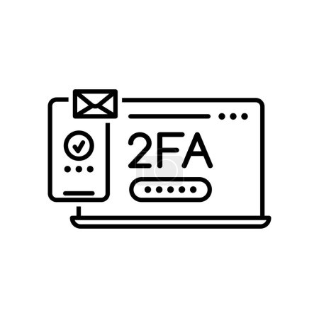 Ilustración de 2FA, verificación de dos factores a través del ordenador portátil y el icono del teléfono móvil. Pantalla de computadora de contorno vectorial con contraseña segura, inicio de sesión de autenticación y pantalla del teléfono móvil con signo de mensaje de código push - Imagen libre de derechos