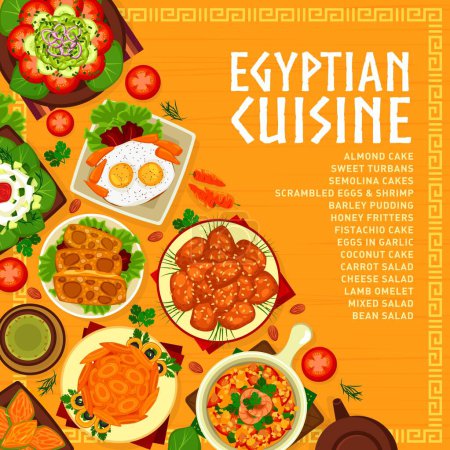 Illustration for Egyptian cuisine meals menu cover design template. Lamb omelet, eggs in garlic and honey fritters sweet pastry, pistachios cake dessert, carrot, cheese and mixed vegetables salads - Royalty Free Image