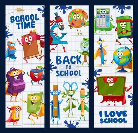 Illustration for Back to school banners with cartoon stationery superhero characters. Vector vertical cards with funny textbook, ruler, paints, and magnifying glass. Rucksack, blackboard, globe and pen or microscope - Royalty Free Image