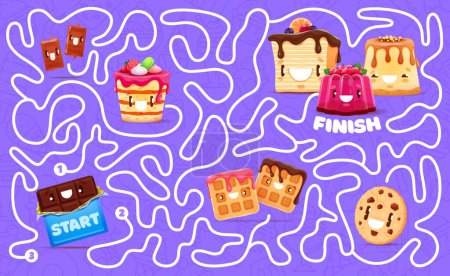 Illustration for Labyrinth maze cartoon sweets and dessert characters. Kids vector board game worksheet with kawaii toffee, cheesecake, chocolate and waffle. Jelly pudding, cookie and cake personages children riddle - Royalty Free Image