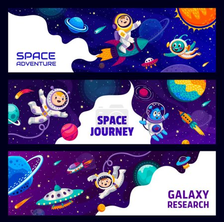 Illustration for Kid astronauts and cute aliens in outer space. Outerspace travel, universe exploration vector banners with cheerful boy in spacesuit, alien comical character, UFO spaceship and rocket, galaxy planets - Royalty Free Image