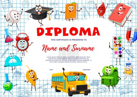 Illustration for Kids education diploma. School supply characters. Vector award frame template with cartoon mortarboard, baseball ball and books. Autumn leaves, bus, rucksack and alarm clock, paints, glue and magnet - Royalty Free Image
