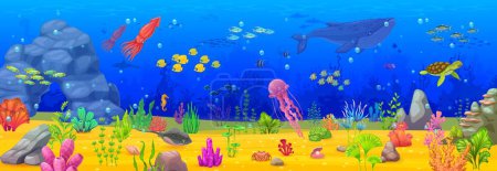 Cartoon underwater sea landscape and animals. Ocean bottom life landscape with fishes shoals, squid and turtle, whale, stingray and seaweed. Seabed seascape or coral reef deep wildlife vector backdrop