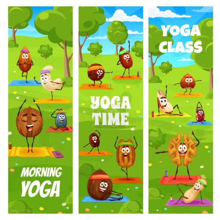 Illustration for Kids yoga and fitness class, cartoon nuts characters on yoga. Vector banners with coffee or kidney bean, hazelnut, almond, coconut, pekan and peanut, brazil or macadamia. Sunflower or pumpkin seeds - Royalty Free Image