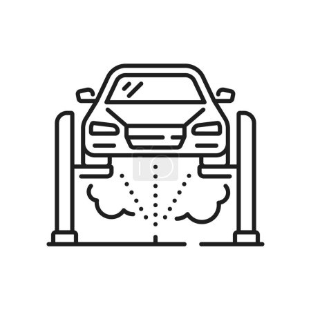 Téléchargez les illustrations : Lavage de la voiture sous l'icône de contour isolé. Panneau de lavage de voiture vectoriel, véhicule sous douche. Symbole de nettoyage automobile, transport propre - en licence libre de droit