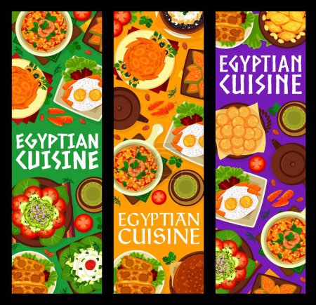 Illustration for Egyptian cuisine restaurant food banners. Cake with pistachios, coconut and almond, lamb omelet, scrambled eggs and salads with cheese, bean, pudding and eggs in garlic, semolina cakes, sweet turbans - Royalty Free Image