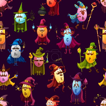 Illustration for Cartoon vitamin wizards, mages and sorcerers characters seamless pattern. Vector background with food supplements capsules personages holding magical wands and staffs. Funny magicians cast spells - Royalty Free Image