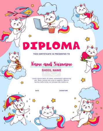 Illustration for Kids diploma cartoon cute caticorn characters. Vector childish honor certificate with kawaii unicorn cat personages on cloud in sky reading, playing, work on pc, eat strawberry or pizza, fun with kite - Royalty Free Image