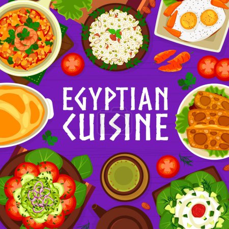 Illustration for Egyptian cuisine menu cover page. Salads with cheese, beans and carrot, eggs in garlic and barley pudding dessert, scrambled eggs with shrimps, lamb omelet and mixed salad with vegetables - Royalty Free Image