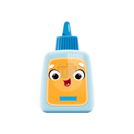 Illustration for Cartoon glue, school character or mascot, back to school stationery supply, vector kids education. Cute funny happy cartoon bottle of glue, school education kawaii emoji or emoticon with face smile - Royalty Free Image
