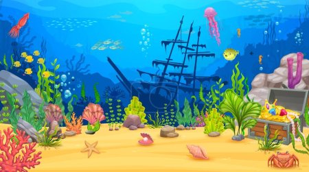 Illustration for Cartoon underwater game landscape. Sea level with seaweeds, silhouette of ship, treasure chest, animals and fish. Ocean deep wildlife background, sea animals, algae, sunken caravel vector background - Royalty Free Image