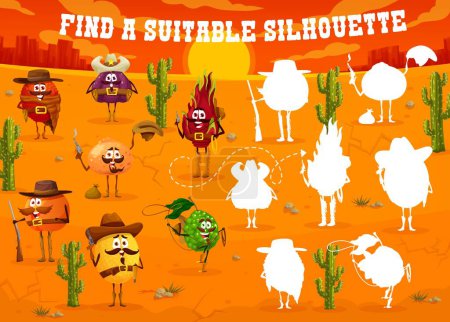 Illustration for Find suitable silhouette of cartoon sheriff, bandit, cowboy and ranger fruit characters, vector Wild West desert. Kids game worksheet or quiz puzzle to compare or find correct shadow of western fruits - Royalty Free Image