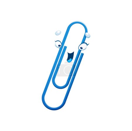 Illustration for Cartoon paper clip, school character or education mascot, vector funny smile. Back to school emoji or emoticon of cute happy paper clip with face, kids comic school stationery supply character - Royalty Free Image
