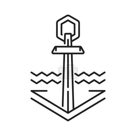 Illustration for Marine vessel anchor and water waves line icon. Naval vessel iron hook thin line icon, yachting club ship heavy equipment or nautical sailing yacht metal anchor linear vector pictogram or symbol - Royalty Free Image