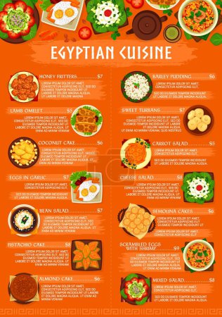 Illustration for Egyptian cuisine menu design. Eggs in garlic, scrambled eggs with shrimp and cake with pistachios, coconut and almond, lamb omelet, sweet turbans and semolina cakes, pudding, honey fritters and salads - Royalty Free Image