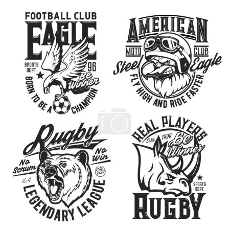 Illustration for Bear, rhino and eagle mascots, t-shirt prints for sport club and moto races, vector emblems. Rugby or football soccer team league and varsity club badges, motocross racing and speedway rally signs - Royalty Free Image