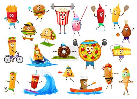 Ilustración de Divertidos personajes de comida rápida para llevar de dibujos animados en el deporte. Vector de papas fritas, hamburguesas, pop corn y tacos, muslo de pollo, cola, ketchup y mostaza botellas, pizza, burrito, cócteles y pasteles personages - Imagen libre de derechos
