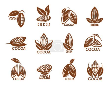Illustration for Cocoa icons, cacao or chocolate beans with leaf, vector coffee tree symbols. Cocoa seeds icons for food labels of candy, choco cream or butter and chocolate drink or dessert products - Royalty Free Image