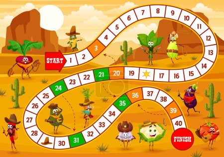 Illustration for Kids step board game. Cartoon cowboy, bandit, sheriff and ranger vegetable characters. Dice game, roll and move race game vector worksheet with beet, garlic, cucumber and spinach, zucchini, avocado - Royalty Free Image