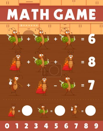 Illustration for Math game worksheet. Cartoon cockroach characters on kitchen. Vector mathematics riddle for children education and learning arithmetic. Development of calculation skills, puzzle task with funny pests - Royalty Free Image