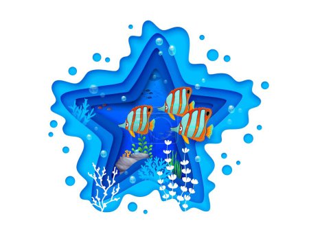 Ilustración de Forma de estrella de mar de papel cortado paisaje con caricatura peces tropicales cardumen y algas marinas. 3d vector marco submarino lleno de vida con coloridos peces mariposa exótica y plantas balanceándose en la corriente de agua - Imagen libre de derechos