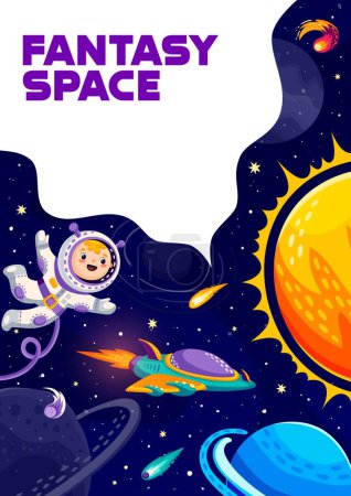 Ilustración de Cartel espacial de dibujos animados con astronauta infantil, sol, planetas y nave espacial. Aventura Outerspace, póster del vector del descubrimiento del cosmos con el muchacho en traje espacial, nave espacial futura, planetas del sistema solar y cometas - Imagen libre de derechos