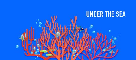 Illustration for Save the ocean. Sea paper cut reef corals and tropical fishes swim in harmony, creating a mesmerizing underwater 3d vector scene that captures essence of marine life and ecosystem in stunning detail - Royalty Free Image