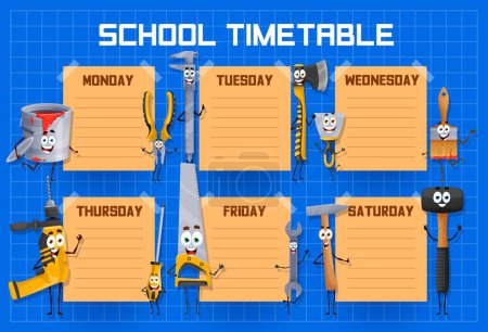 Illustration for Education timetable schedule, cartoon repair and DIY work tool characters, vector weekly planner. School calendar, lessons and classes week table organizer or schedule timetable with funny work tools - Royalty Free Image