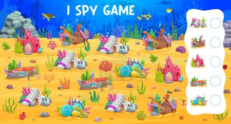 Illustration for I spy game. Cartoon fairytale underwater house buildings. Children counting game, kids object finding vector puzzle worksheet with coral reef, castle ruins, sunken submarine and ship fairy dwellings - Royalty Free Image