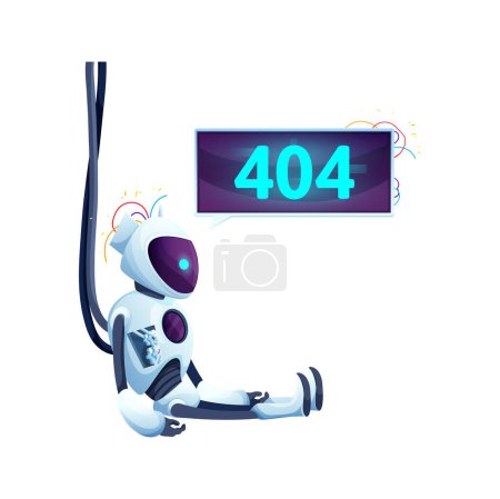 Téléchargez les illustrations : 404 page avec écran de dessin animé et robot. Notification vectorielle d'erreur réseau. Cyborg cassé avec des fils saillants assis près du moniteur lumineux néon offrant une expérience frustrante pour l'utilisateur - en licence libre de droit