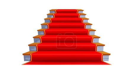 Illustration for Castle and palace staircase. Wooden stair with red carpet. Museum hallway stone stairway, royal palace marble staircase or theater interior element, fantasy ballroom isolated vector ladder with carpet - Royalty Free Image