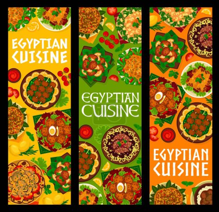Illustration for Egyptian cuisine meals banners. Circassian chicken, Sultans delight and stew with eggplant, stuffed meatballs, kebabs and stew with cumin, patties, lamb with prunes and fried bass, stuffed rolls - Royalty Free Image