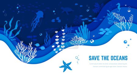 Téléchargez les illustrations : Sauvez l'océan. Animaux de mer et algues marines sur papier découpent paysage sous-marin. Sensibilisation vectorielle à la beauté et à la fragilité de la vie marine, en préservant l'océan et ses habitants pour les générations futures - en licence libre de droit