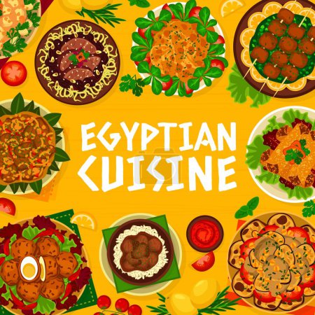 Illustration for Egyptian cuisine menu cover page template. Stew with cumin, lamb patties and stuffed meatballs, Sultans delight and golden fried bass, kebabs, stuffed rolls and lamb with prunes, Circassian chicken - Royalty Free Image