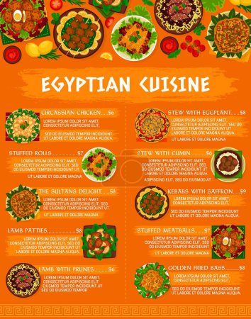 Téléchargez les illustrations : Cuisine égyptienne menu de repas. Ragoût au cumin, délices des sultans et poulet circassien, petits pains farcis, galettes d'agneau et ragoût à l'aubergine, kebabs au safran et à l'achigan doré, agneau aux pruneaux - en licence libre de droit